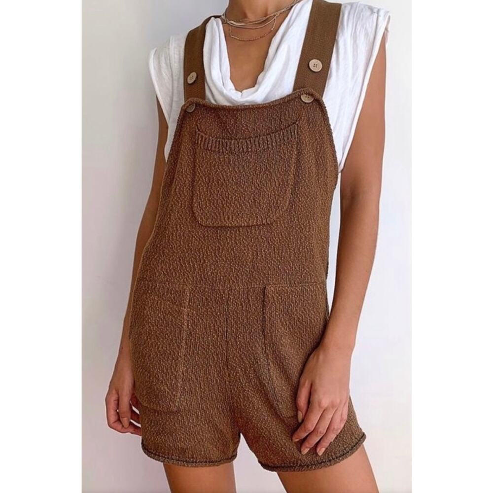 Free people Beach Over it Short Overalls Knit Romper color Cinnamon Brown XL EUC